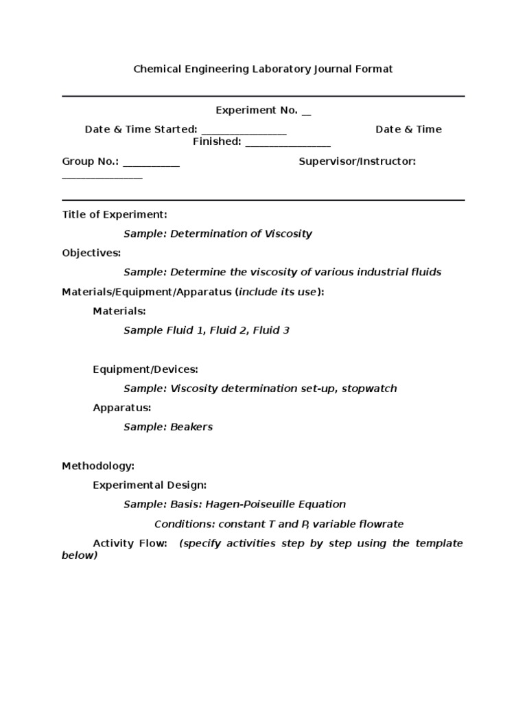 Chemical Engineering Laboratory Journal Format Fluid Dynamics