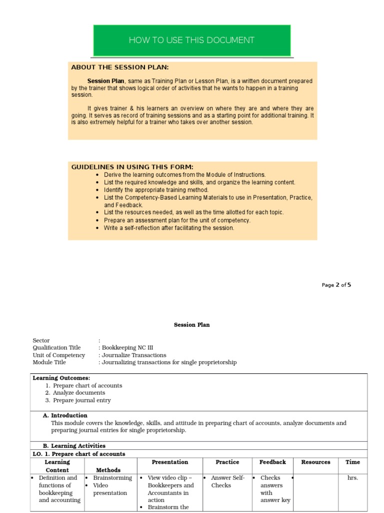 Bookkeeping NC III Session Plan | PDF | Facilitator | Accounting