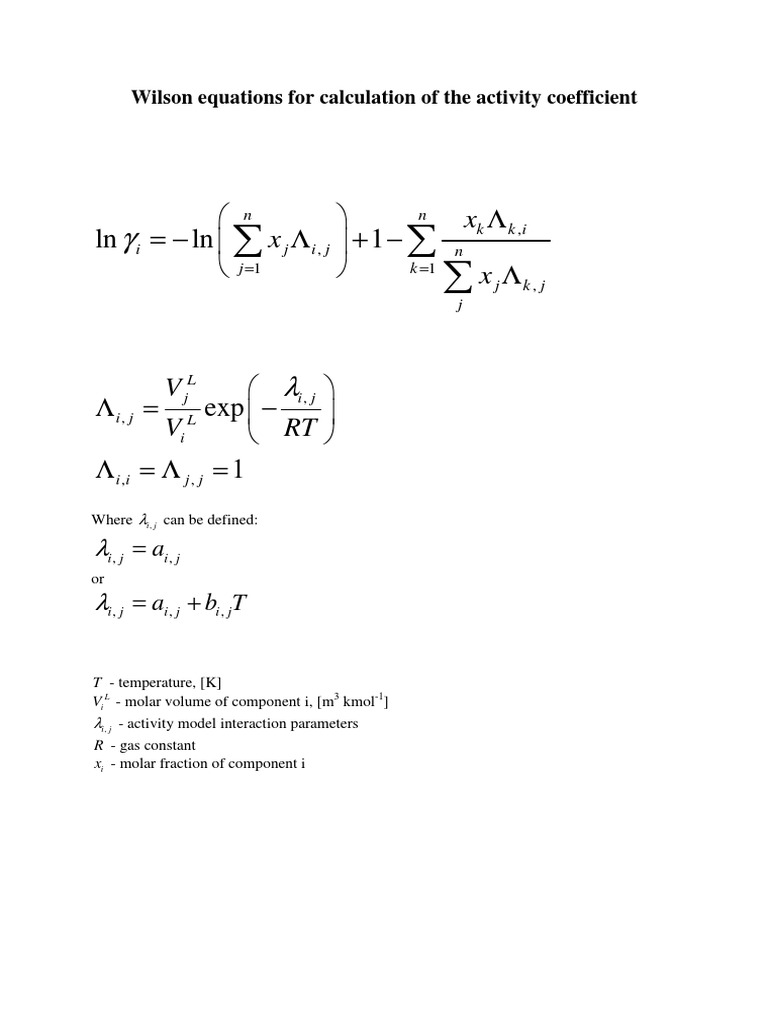 Wilson Equation for Activity Coefficients | PDF