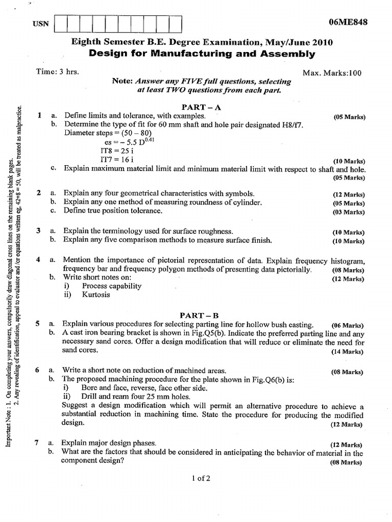 Vtu Question Paper 06me848 Design For Manufacturing and Assembly May