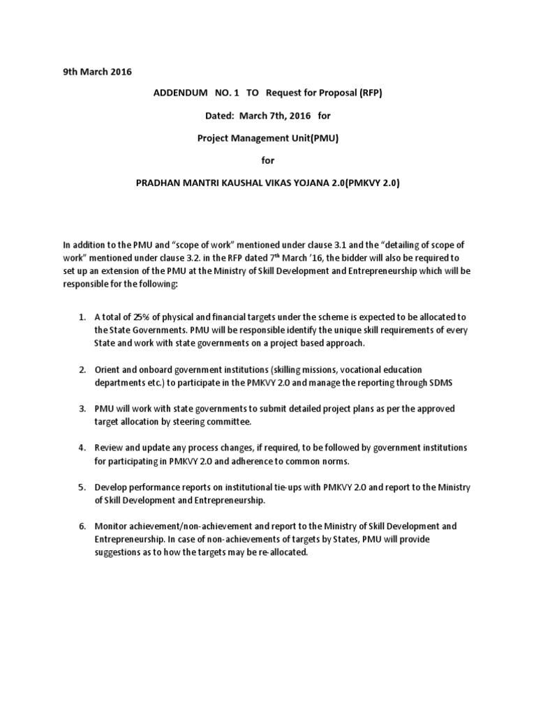 PMKVY 2.0 PMU RFP Addendum No. 1 | PDF | Business | Technology ...