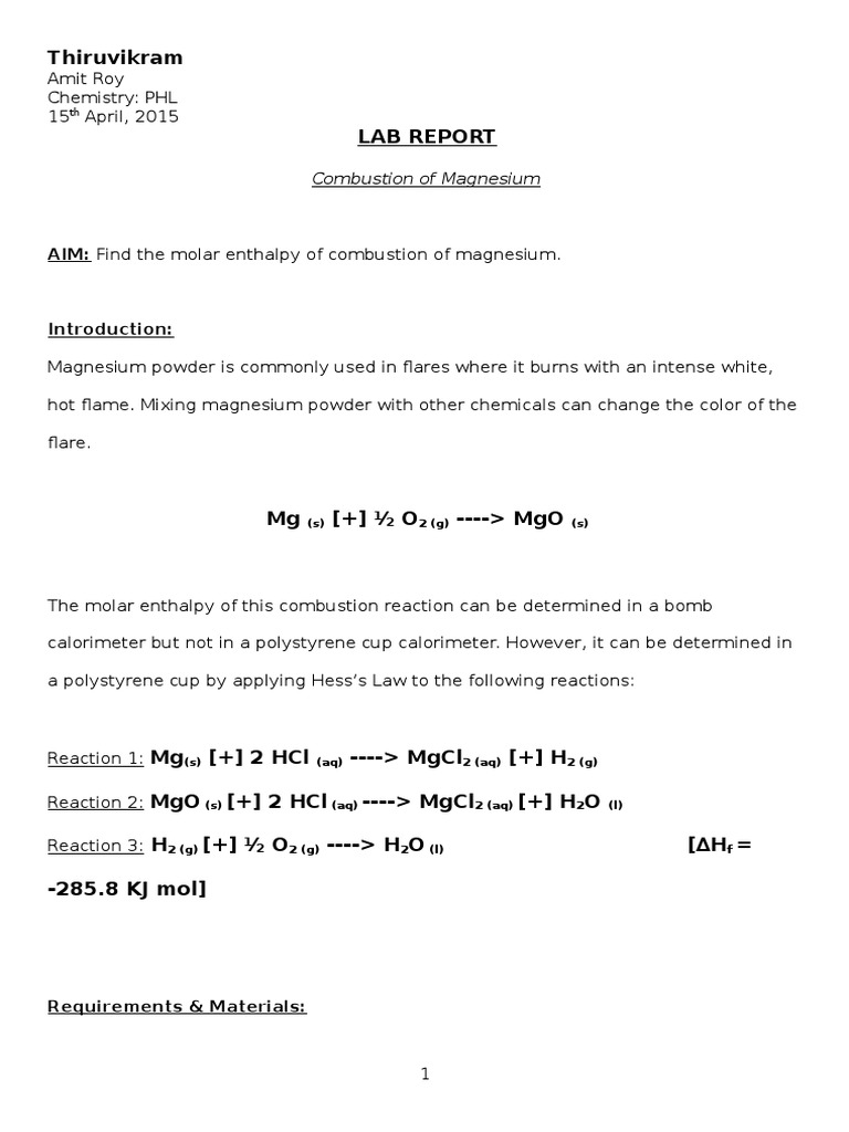 Chemistry Lab Report MG Magnesium Enthalpy