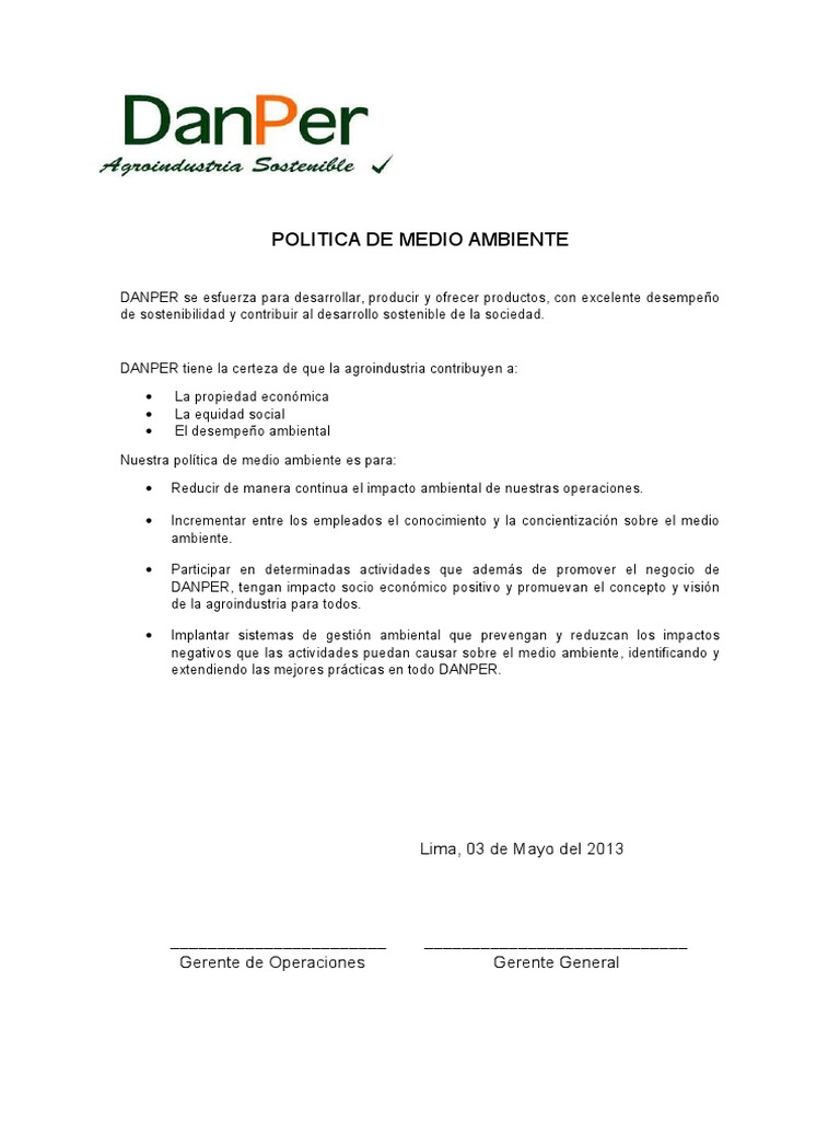 Politica de Medio Ambiente - Danper | PDF