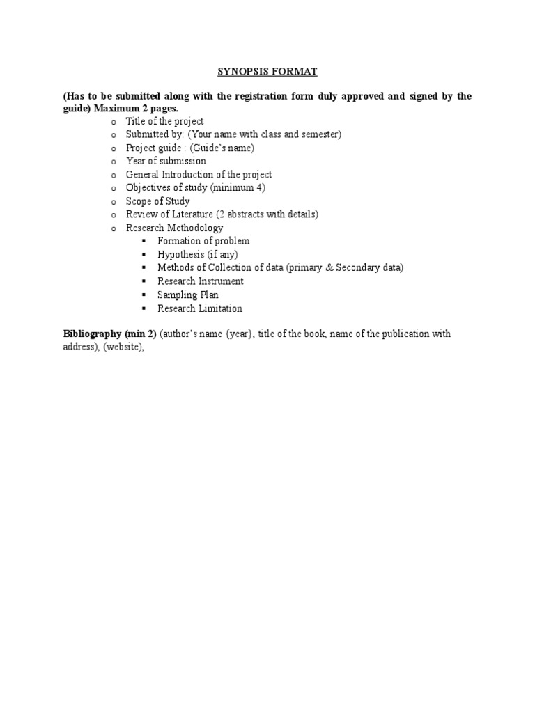 Synopsis Format (Has To Be Submitted Along With The Registration Form ...