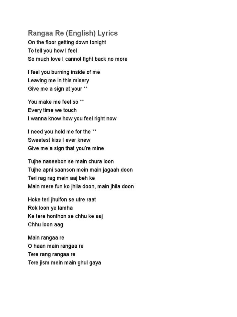Rangaa Re (English) Lyrics | PDF