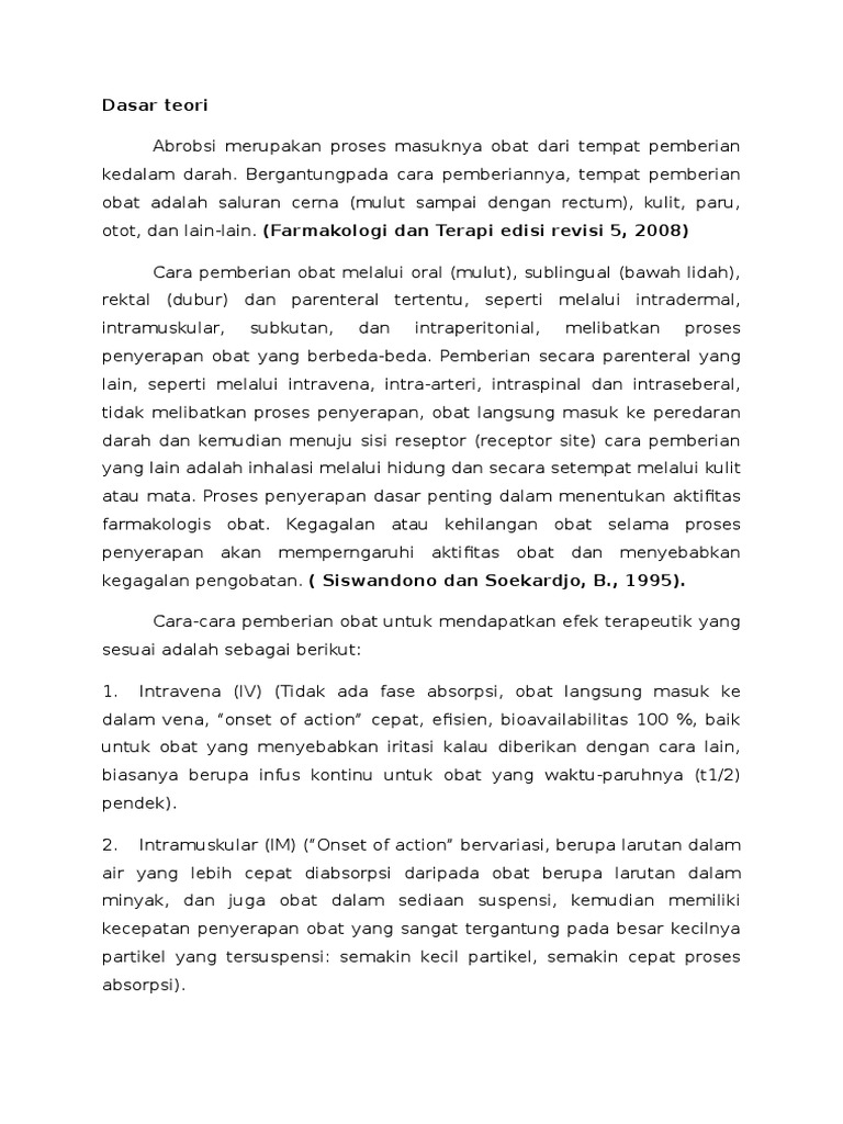 Dasar Teori Pengaruh Cara Pemberian Terhadap Absorbsi Obat | PDF