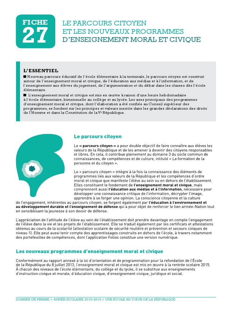 Fiche 27 Parcours Citoyen Et EMC | PDF | Éducation civique | Moralité