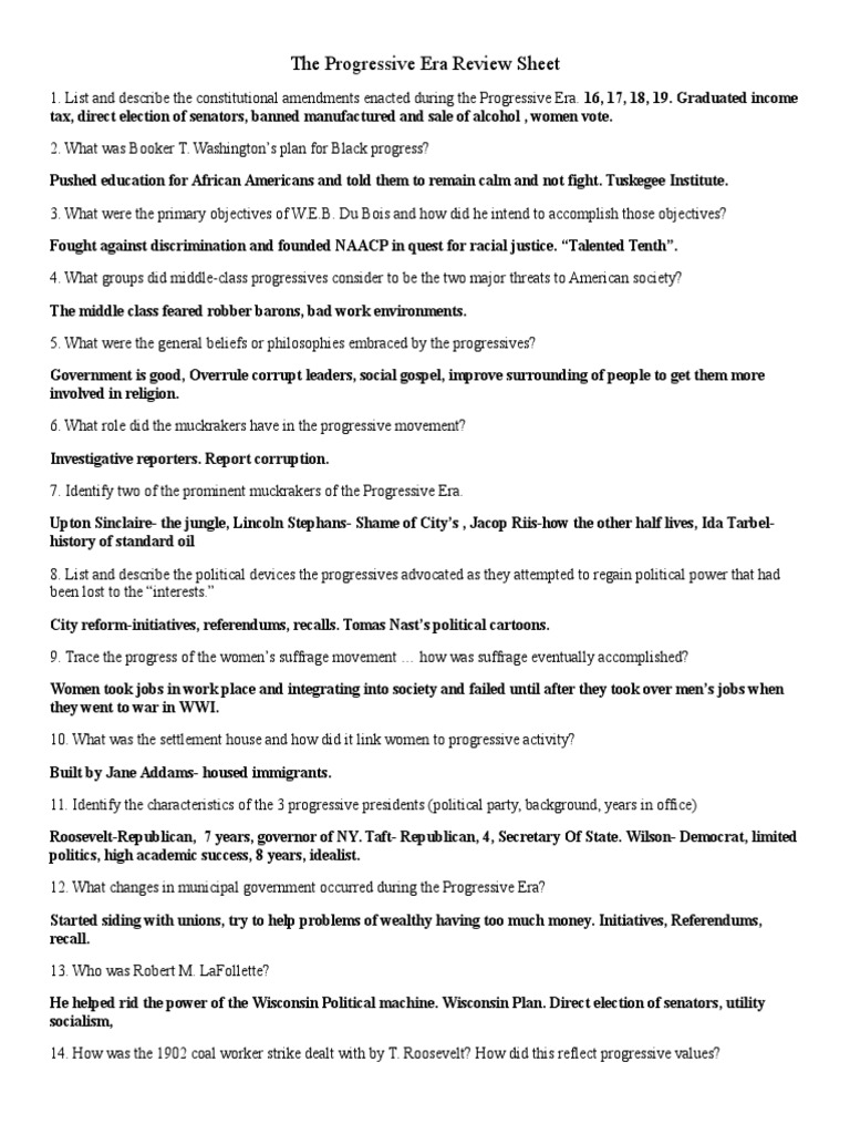Progressives Review Sheet Answers | Progressive Era | Progressivism In