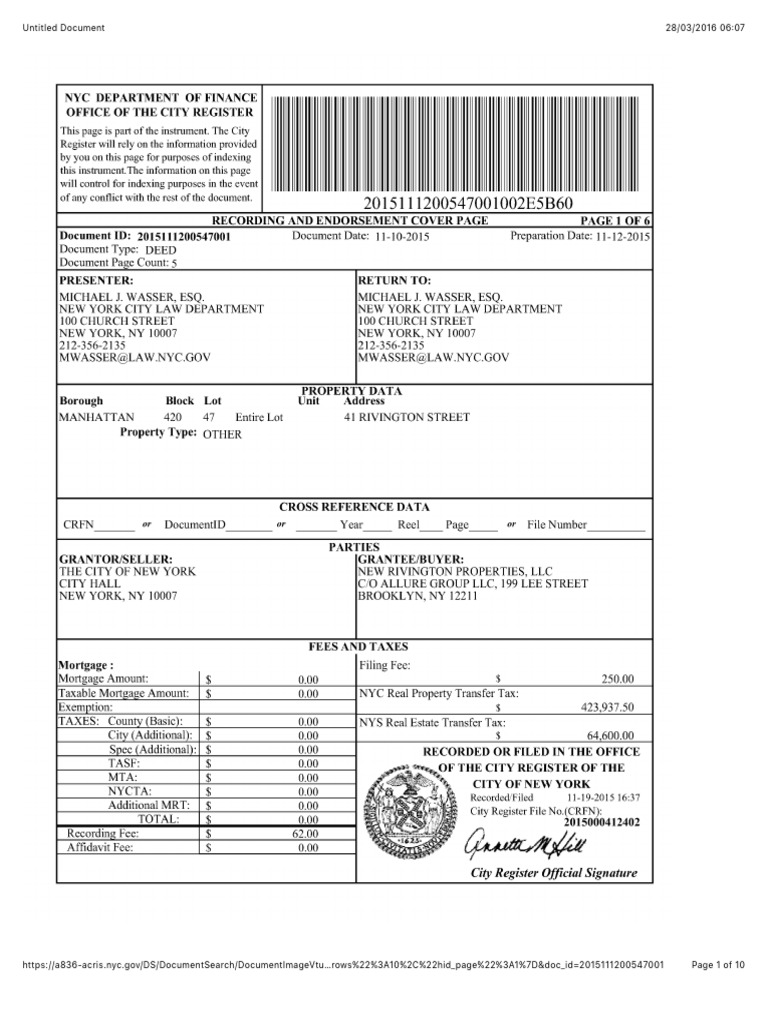 20151110 Rivington House Deed Recording and Endorsement (NYC