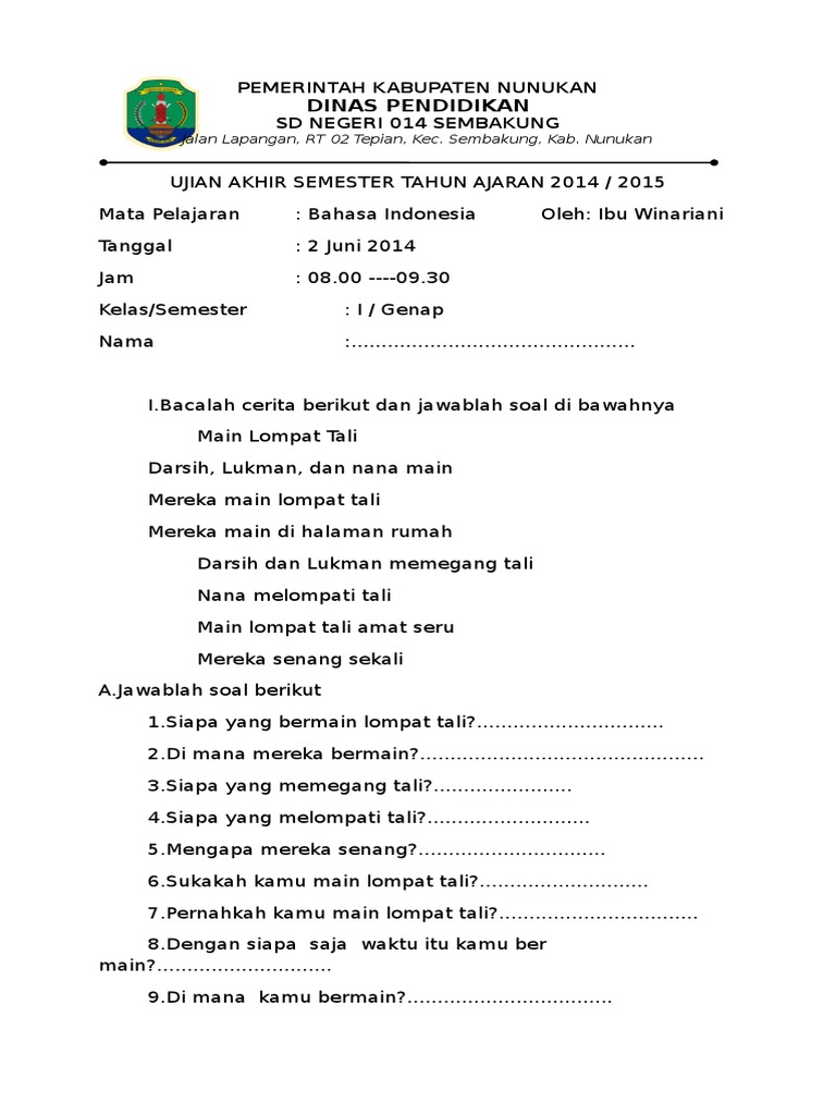 Soal Ujian Kelas 1 Sd Bahasa Indonesia
