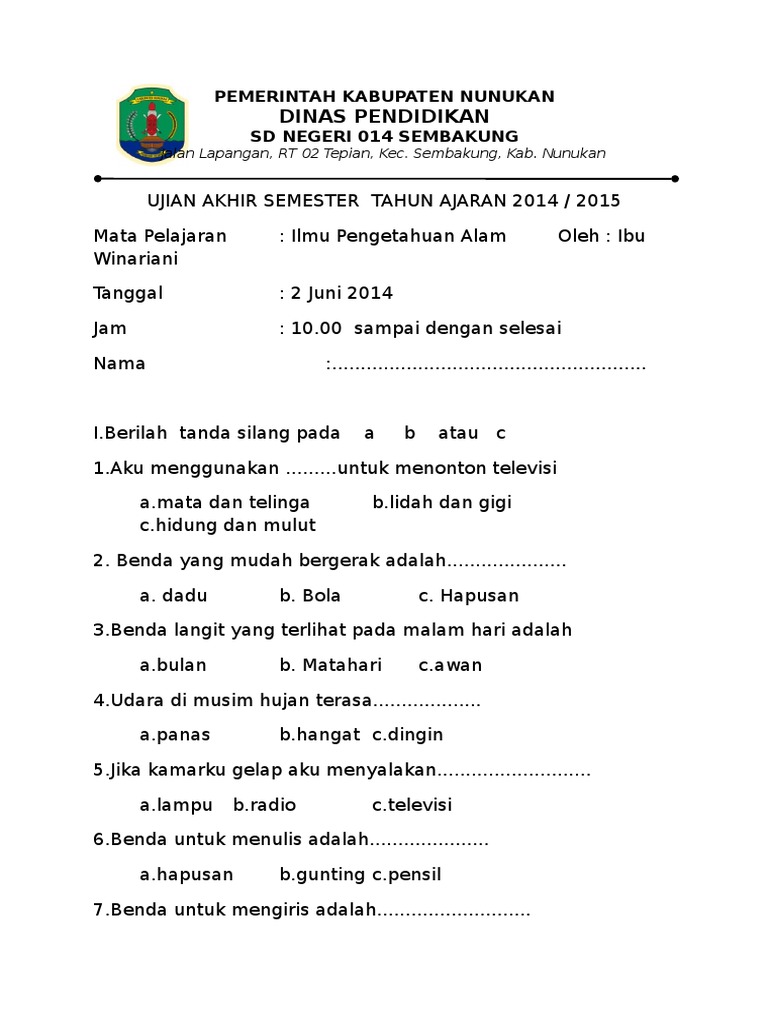 Soal-Soal Ujian IPA Kelas 1 SD | PDF