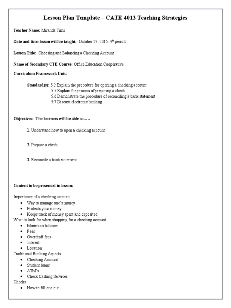 Checking Account Lesson Plan | PDF | Transaction Account | Cheque