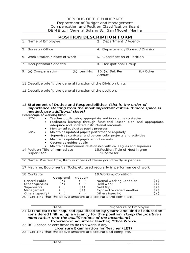 Position description form with cs form 211 medical certificate