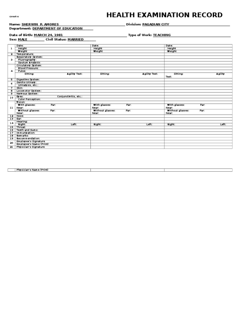 Cs Form 86 Health Examination Record Medical Specialties Clinical
