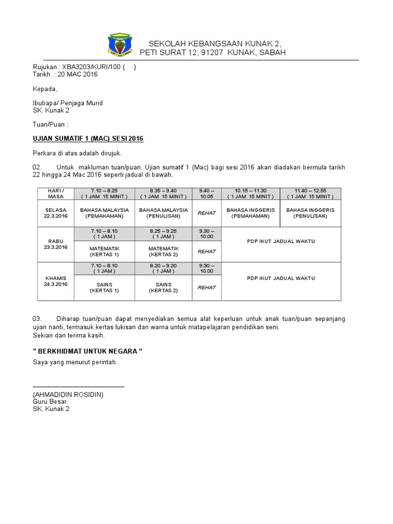 Contoh Surat Makluman Peperiksaan Pertengahan Tahun