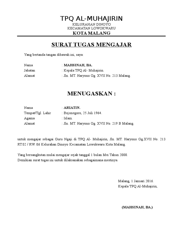 Contoh Surat Tugas Guru Nusagates