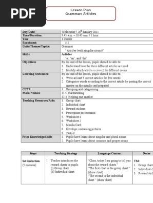 English Year3 Grammar Articles Lesson Plan