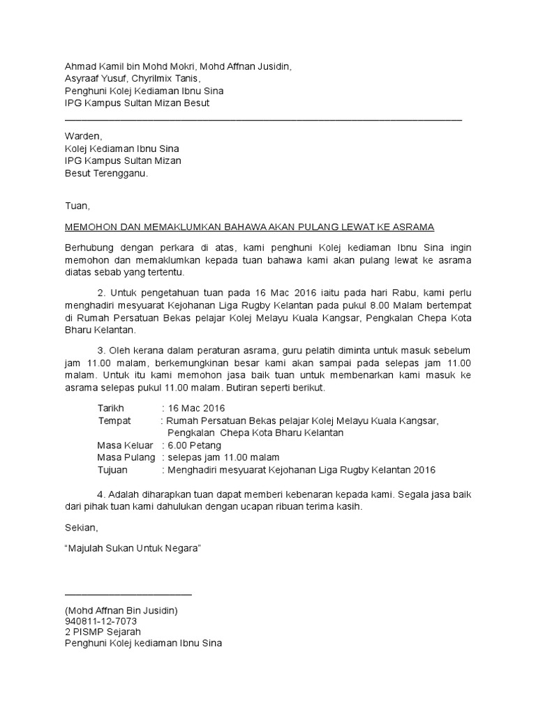 Surat Lewat Balik Asrama Pdf