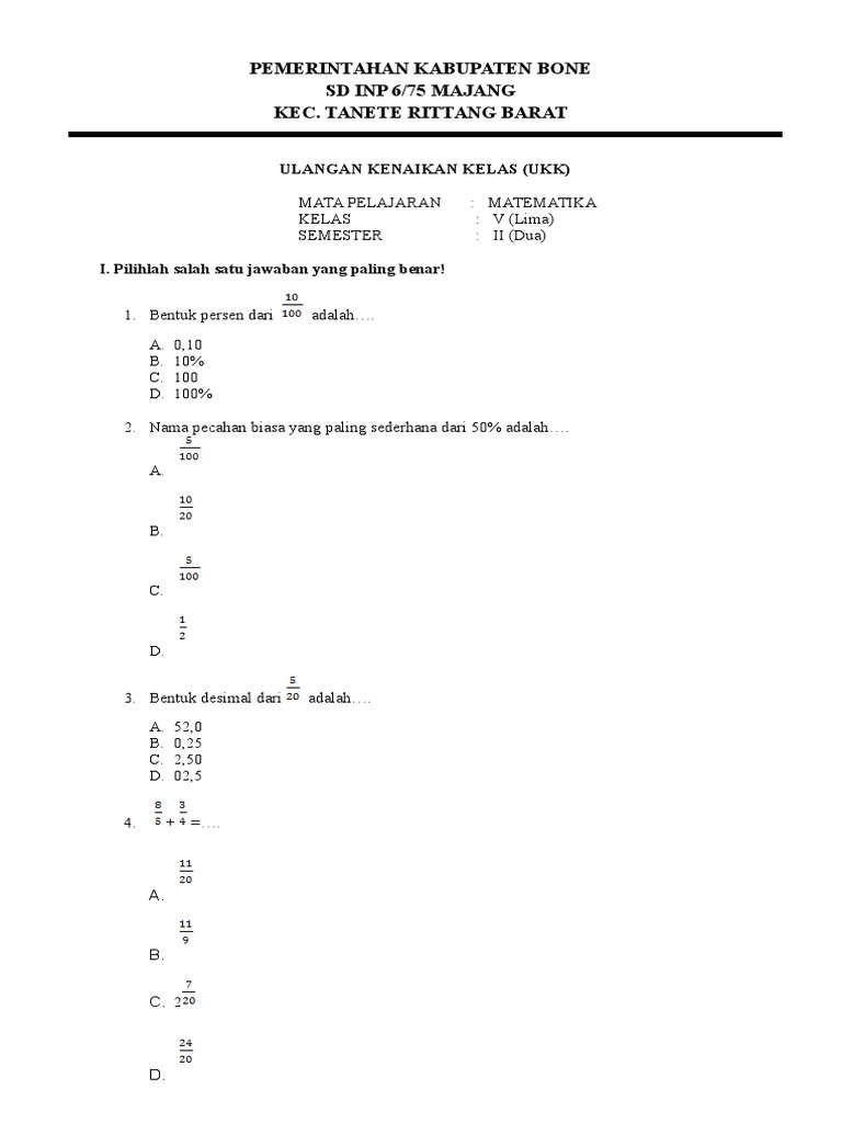 Soal Ukk Matematika Kelas 5 Semester 2 Edit