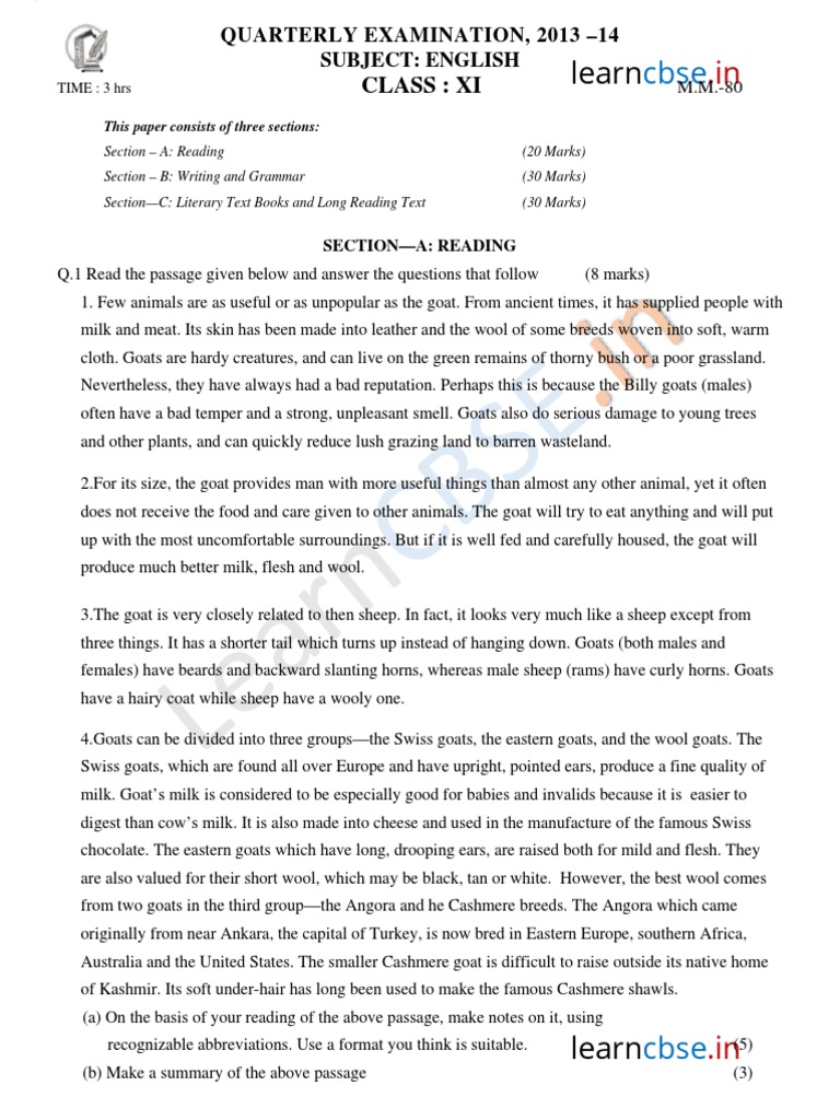 Cbse Class 11 English Sample Paper Sa2 2014 1 Goat Sheep