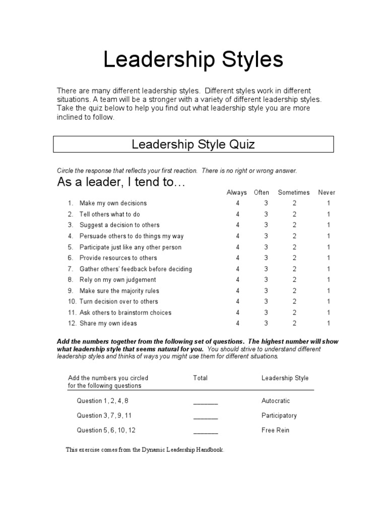 Free Printable Leadership Style Quiz