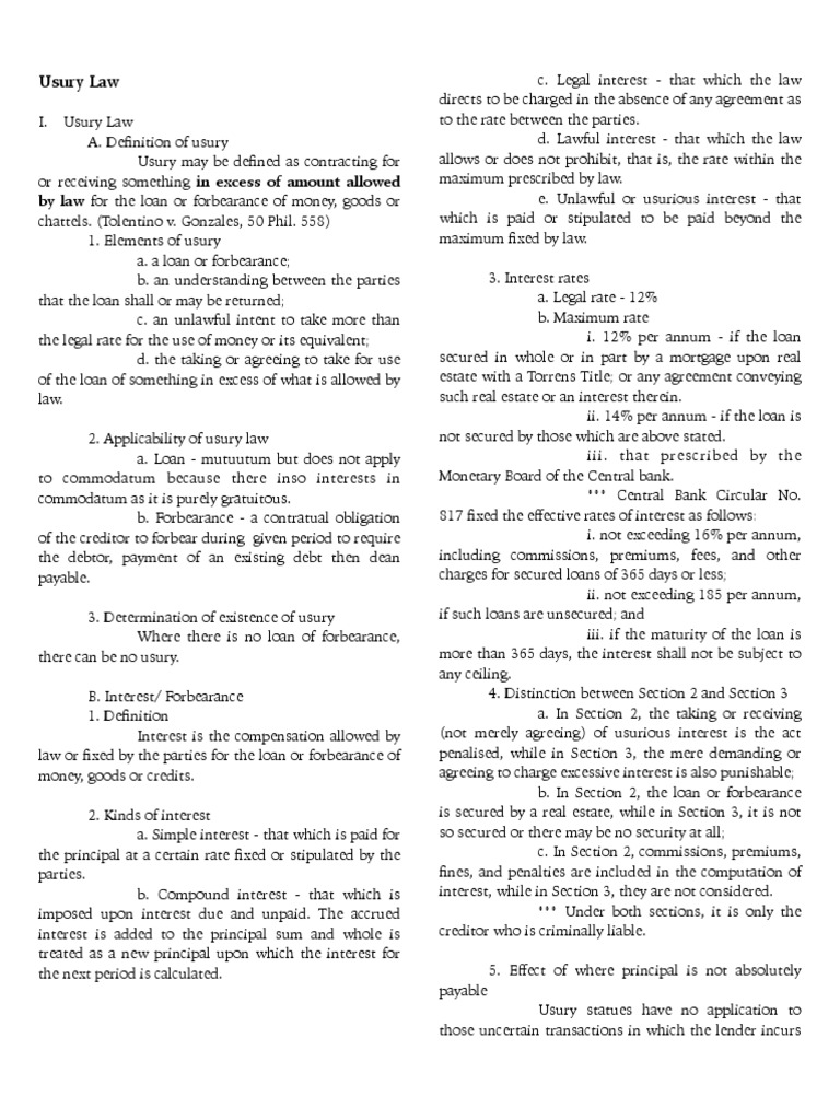A Comprehensive Reviewer For Usury Law PDF Usury Interest