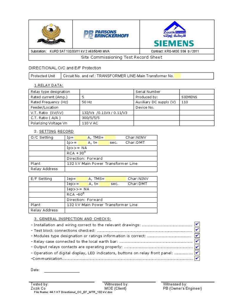 132 kV Substation Test Record | PDF | Transformer | Relay