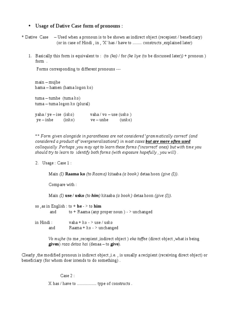 Usage of Dative Cases in Hindi | PDF | Verb | Linguistic Morphology