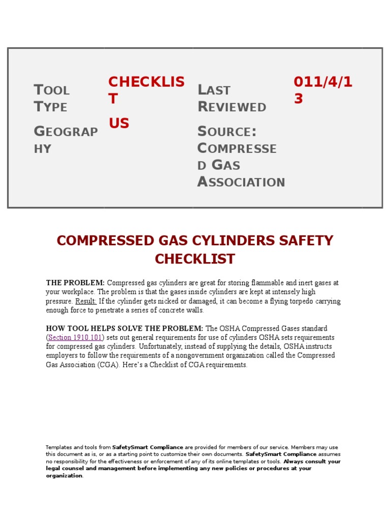 Compressed Gas Cylinders Safety Checklist Flammability Occupational