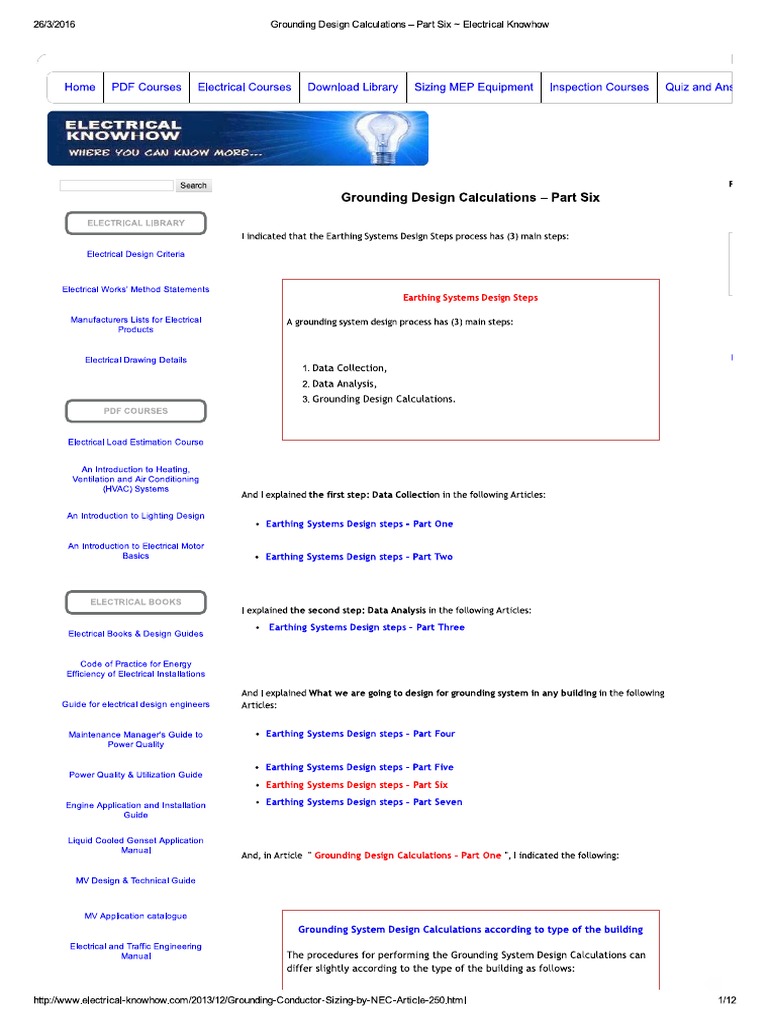 Grounding Design Calculations - Part Six Electrical Knowhow | PDF
