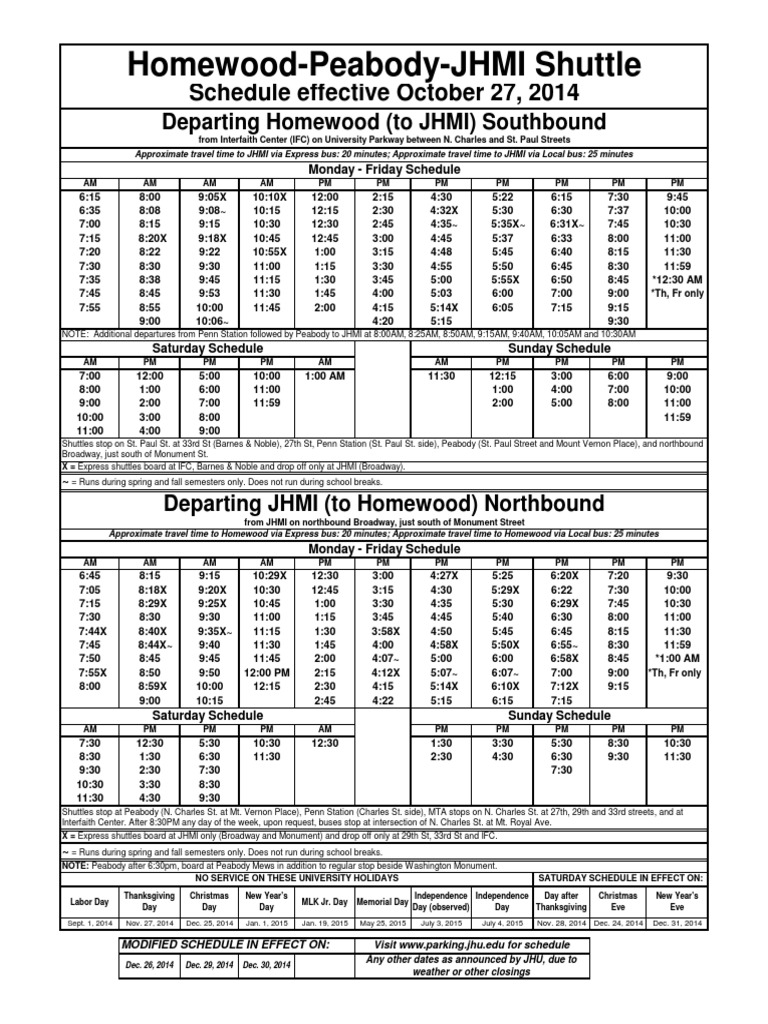 Homewood JHMI Shuttle Schedule | Transport | Business