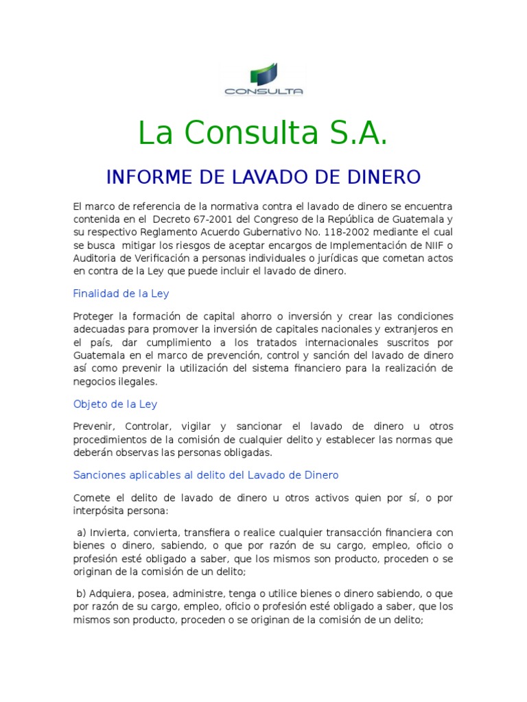 Informe sobre Lavado de Dinero en Guatemala | PDF | Lavado de dinero ...