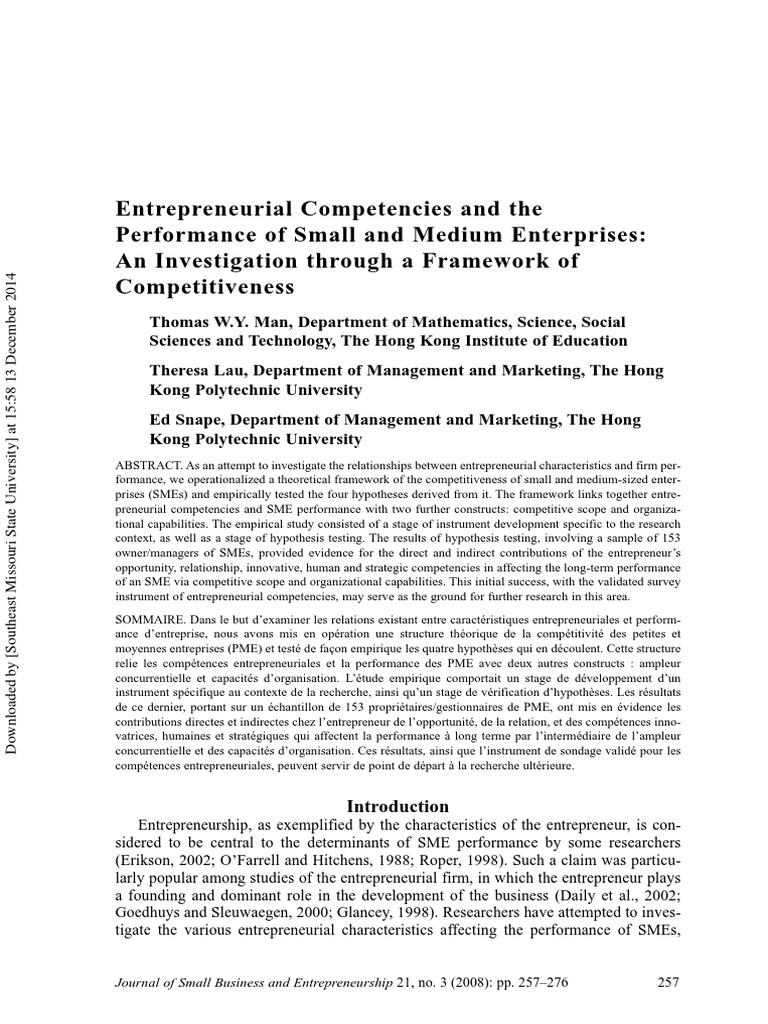 Entrepreneurial Competencies and The Performance of Small and Medium ...