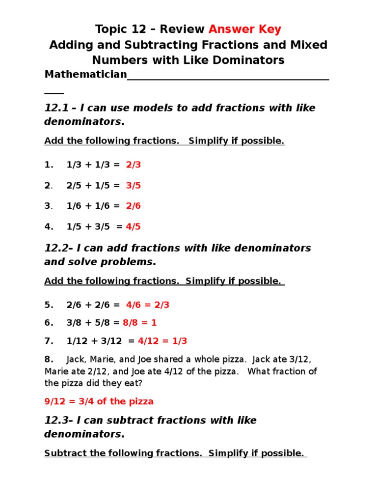 Topic 12 Review And Answer Key | Pdf | Fraction (Mathematics) | Mathematical Notation