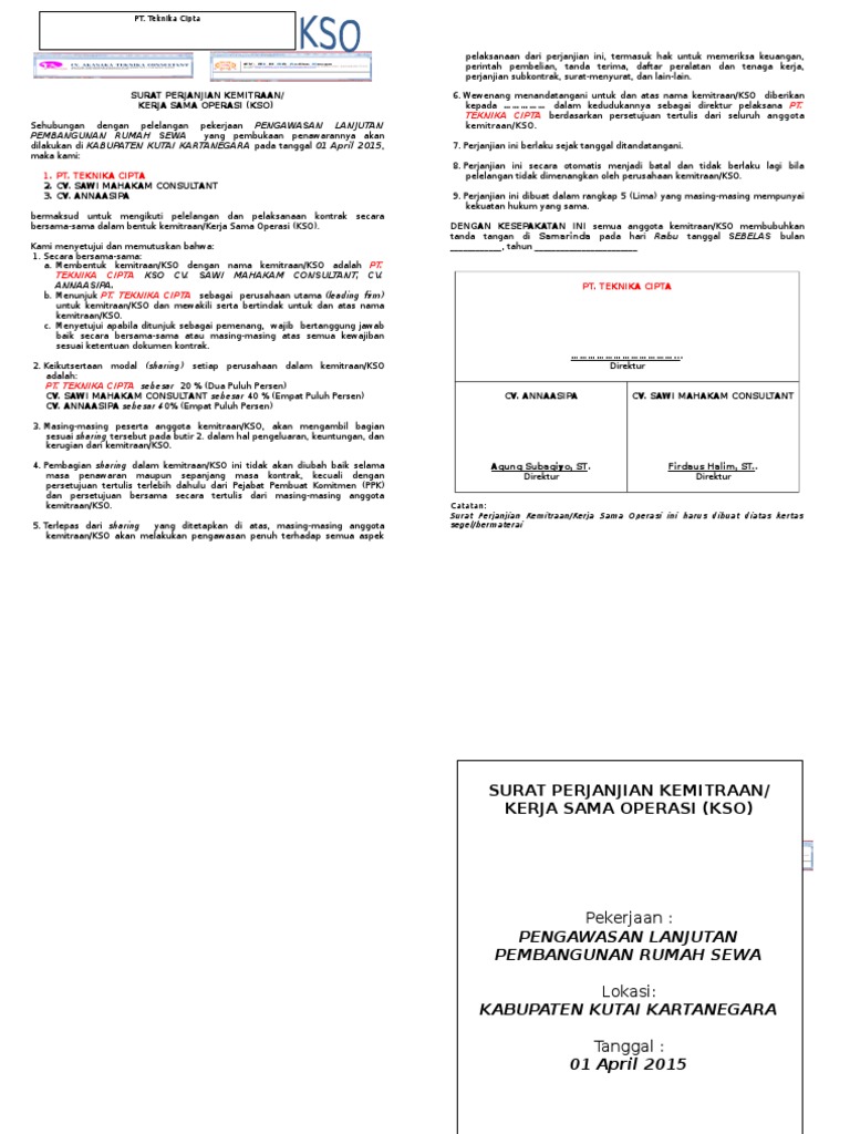 A3 Surat Perjanjian Kemitraan (Kso) | PDF | Bisnis | Pengelolaan ...