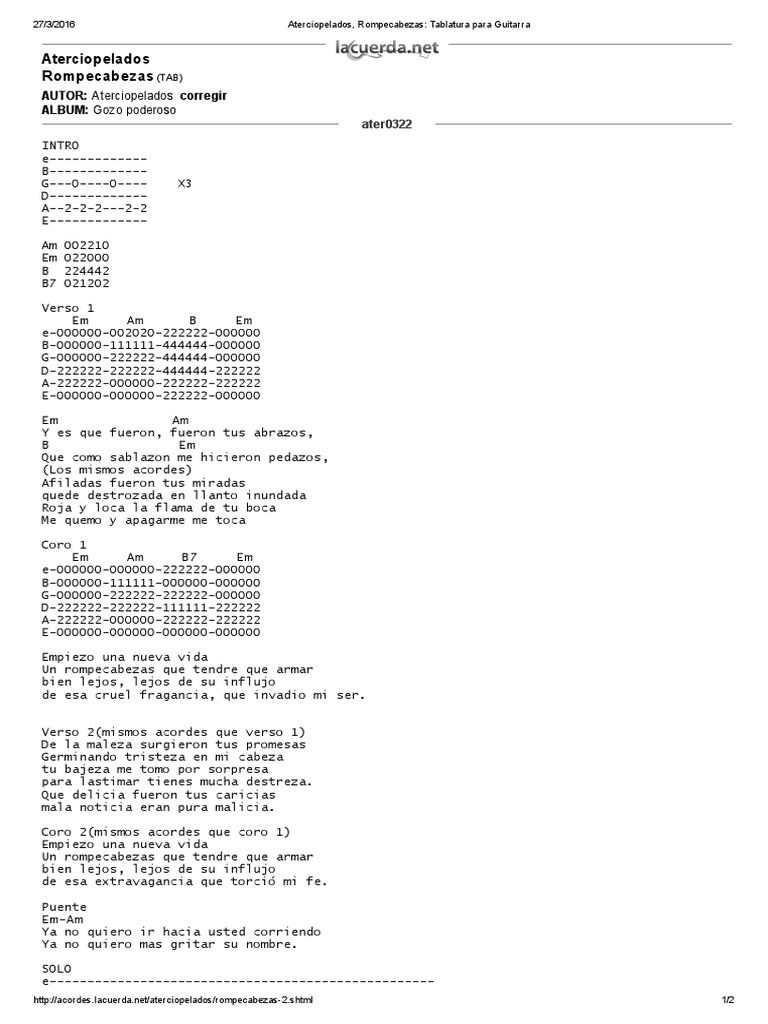 Aterciopelados, Rompecabezas Tablatura para Guitarra PDF