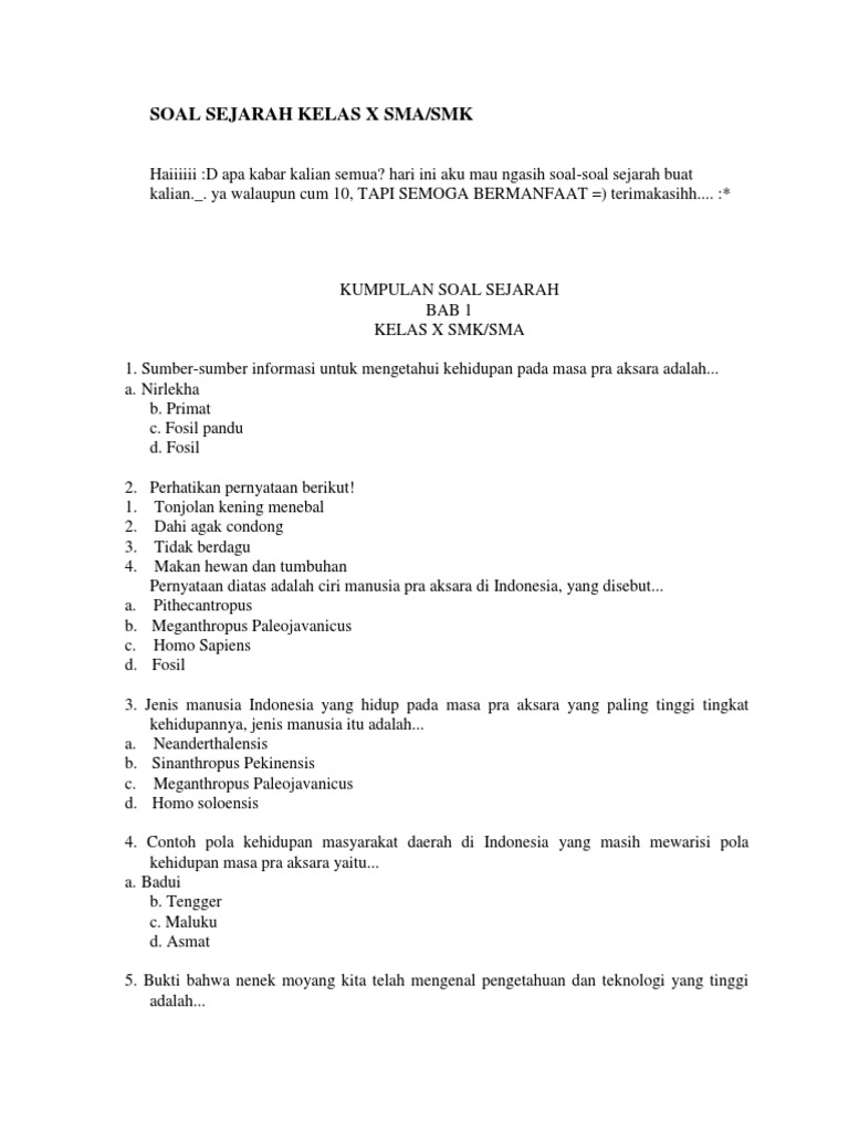 Soal Sejarah Kelas X Sma Pdf