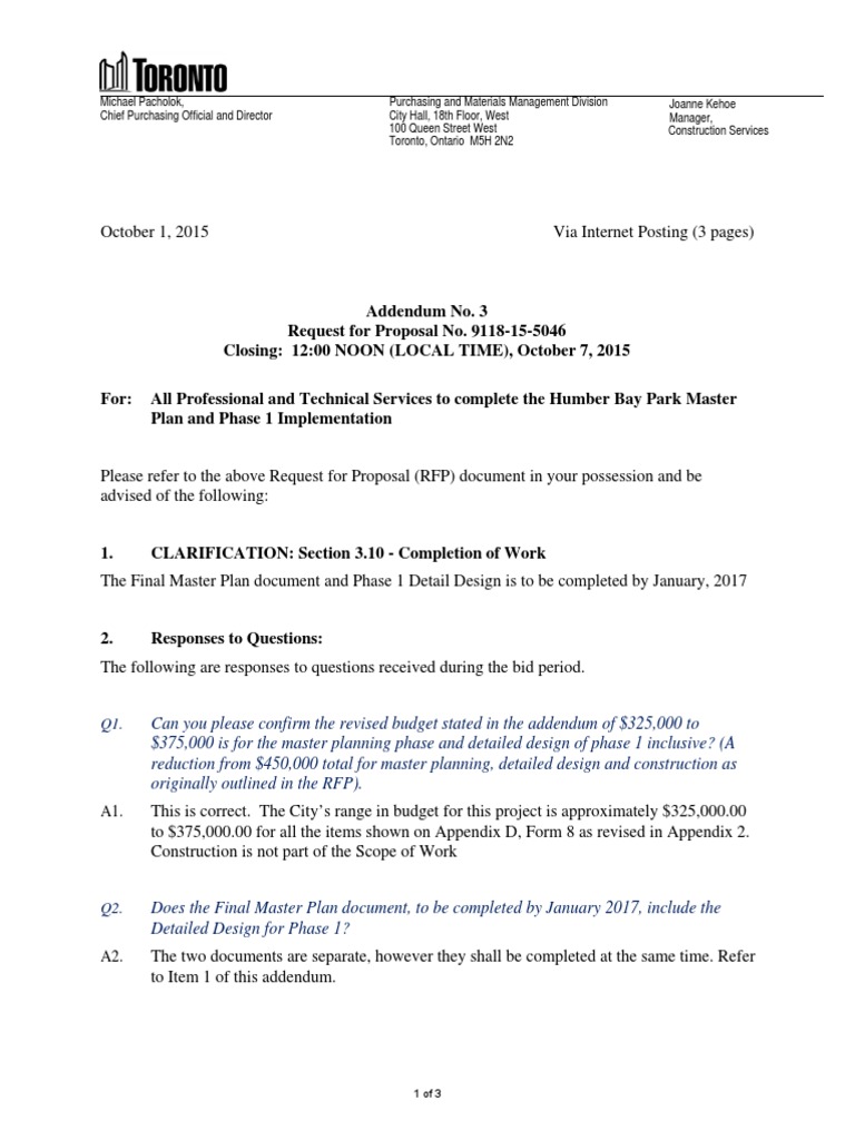 Humber Bay Park RFP Addendum 3 | PDF | Addendum | Request For Proposal