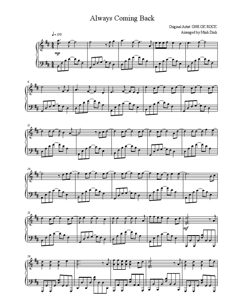 One Ok Rock Always Coming Back Piano Sheet