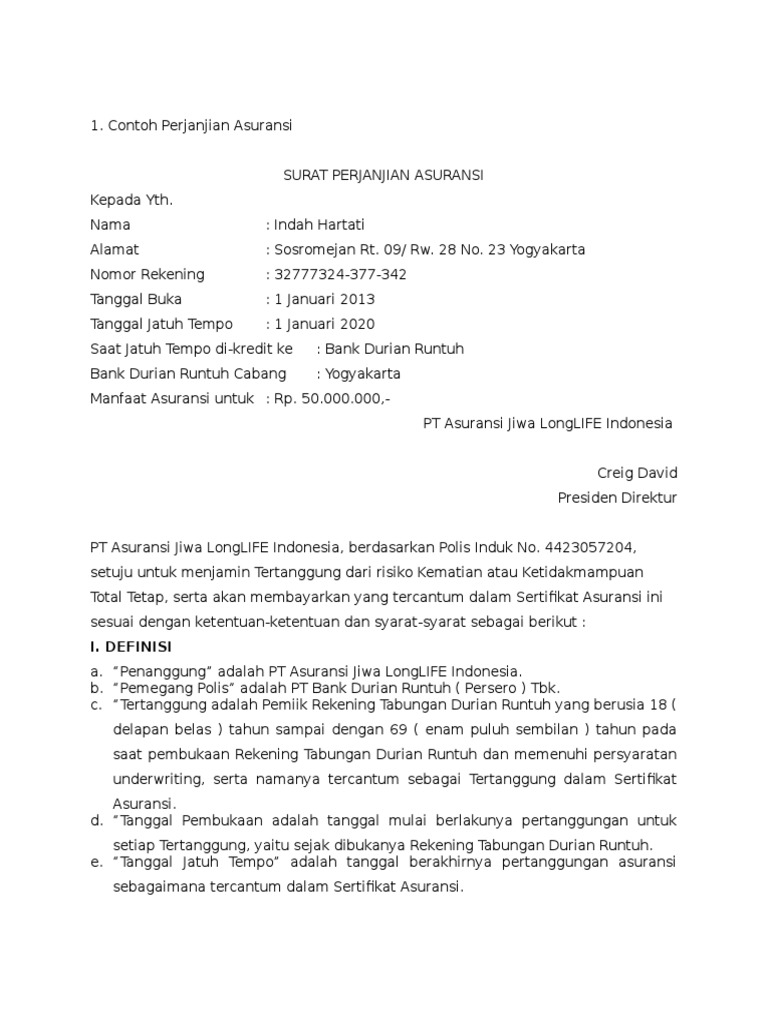 Contoh Surat Perjanjian Asuransi Contoh Surat