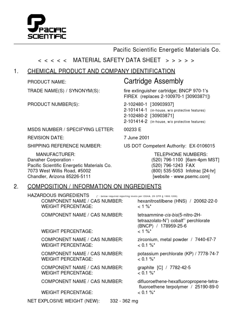 Cartridge Msds PDF Dangerous Goods Hazardous Waste
