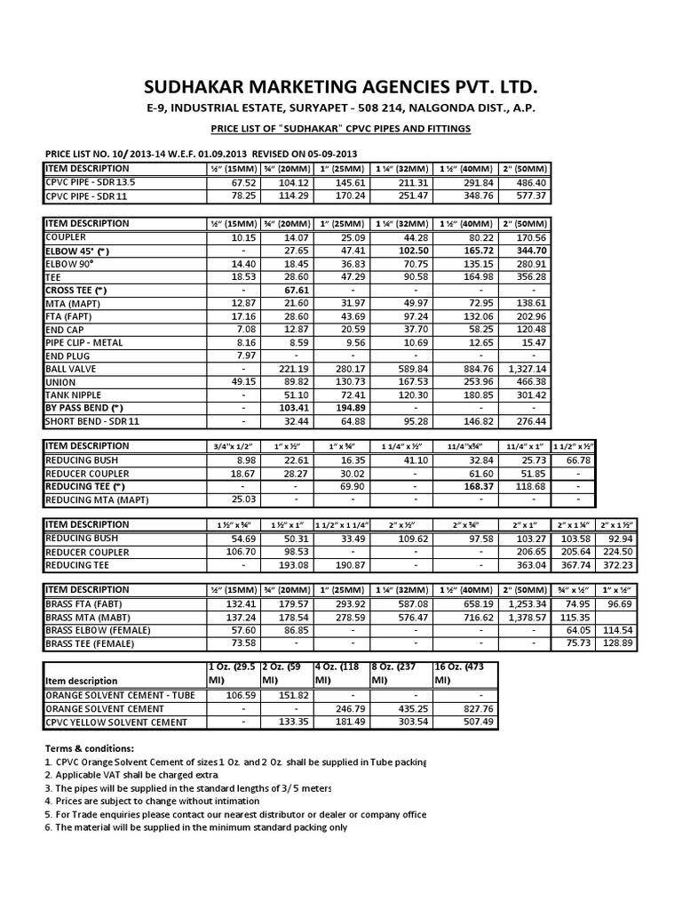 Price List of Sudhakar Cpvc Pipes and Fittings