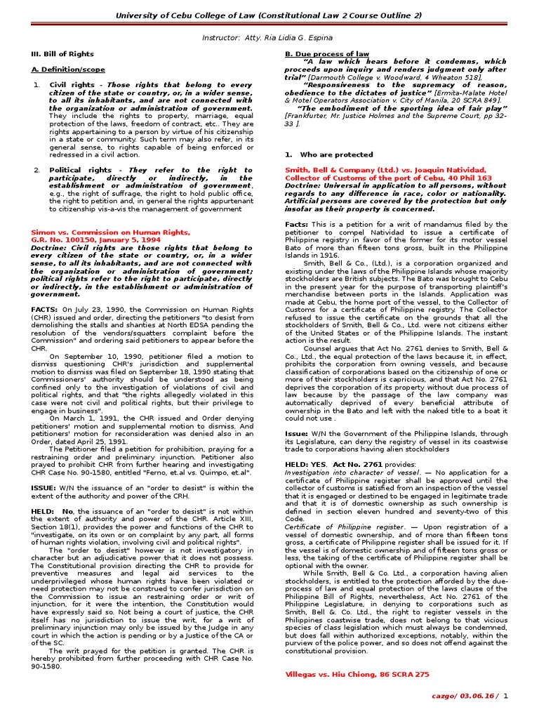 Consti 2 Outline (Bill of Rights Sec 1-4) | PDF | Due Process Clause ...