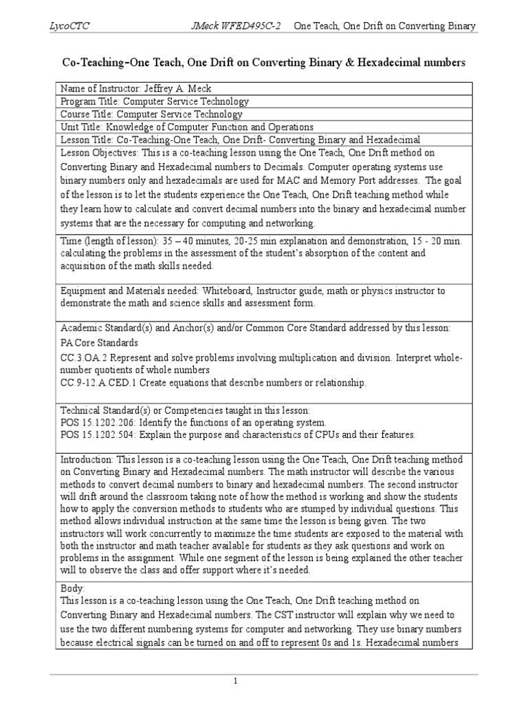 Lesson Plan-Co-Teaching-One Teach One Drift On Converting Binary ...