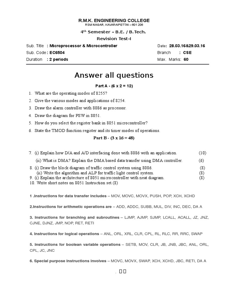 Answer All Questions: R.M.K. Engineering College | PDF | Teaching ...