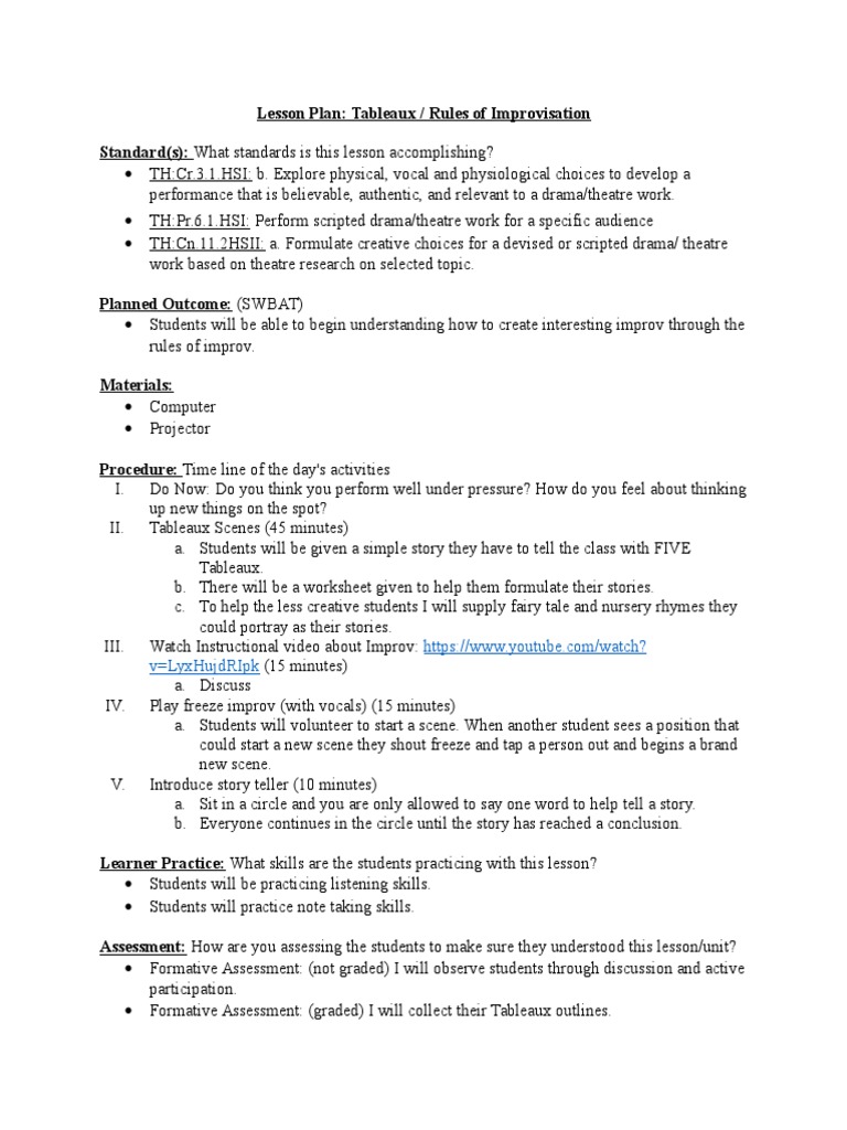 Tableaux and Improv Lesson Plan | PDF | Language Arts & Discipline