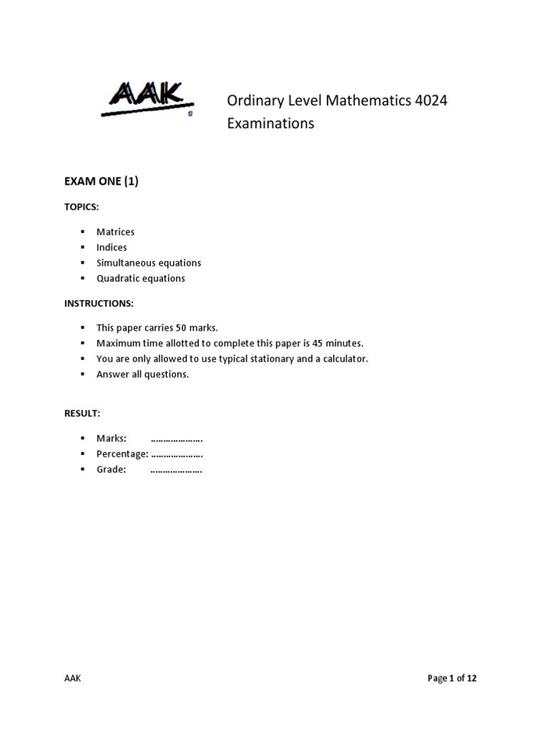 Ordinary Level Mathematics 4024 Examinations: Exam One | PDF | Teaching ...