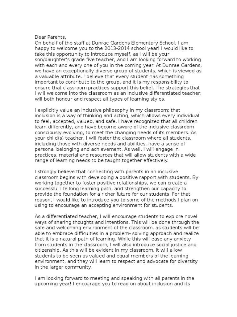 inclusive letter to parents Inclusion (Education) Classroom