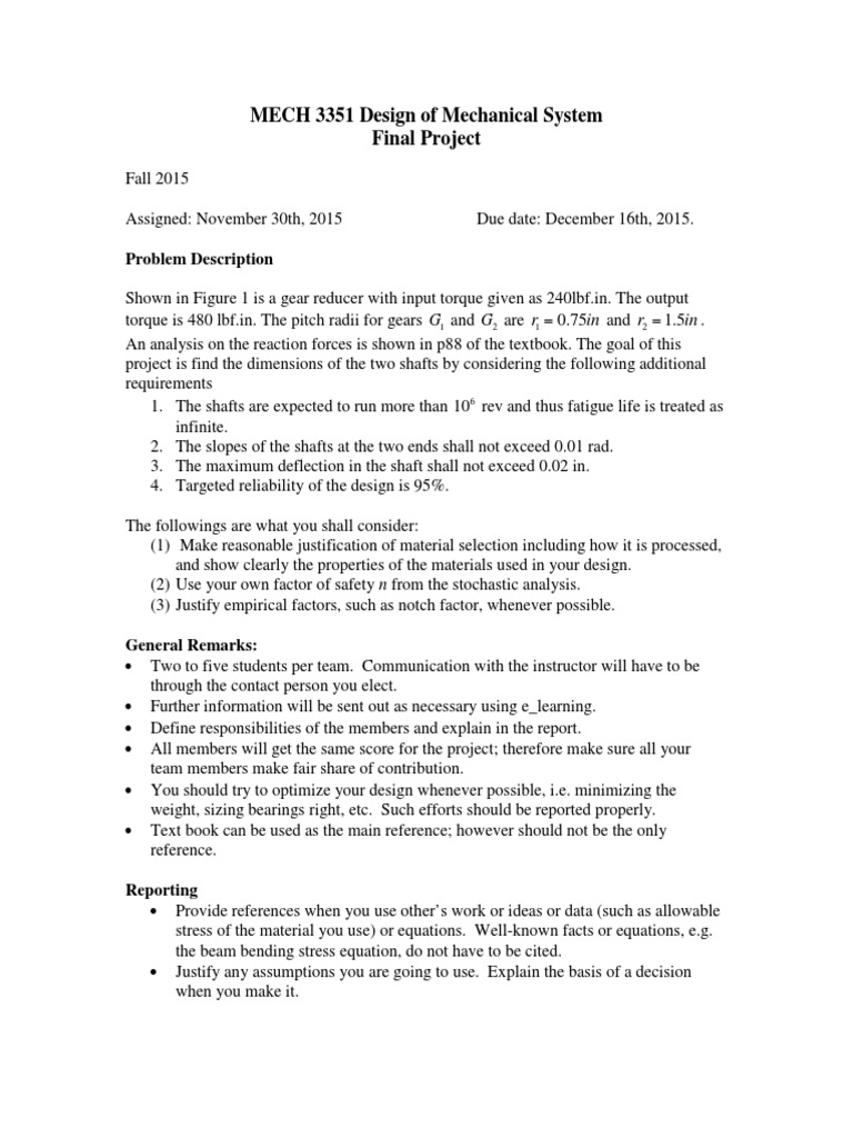 Mechanical System Design Project Guide | PDF | Gear | Bending