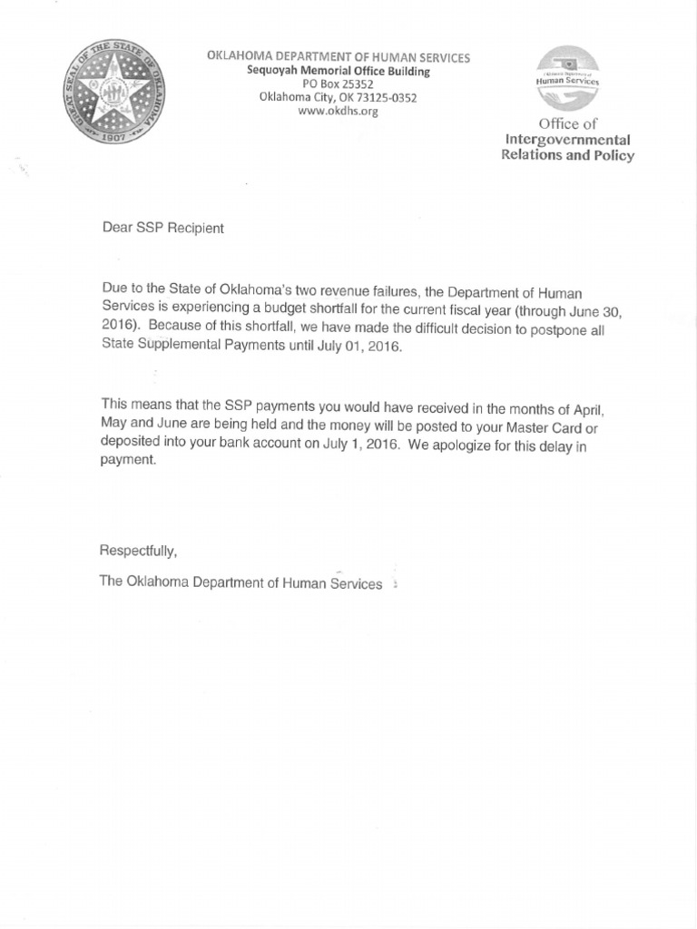 DHS SSP letter